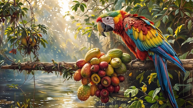 Photo a brazilian macaw eating a fruit in amazon rain forest