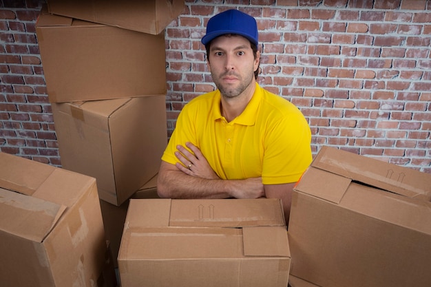 Brazilian mailman with arms crossed in a deposit with a a lot of boxes.