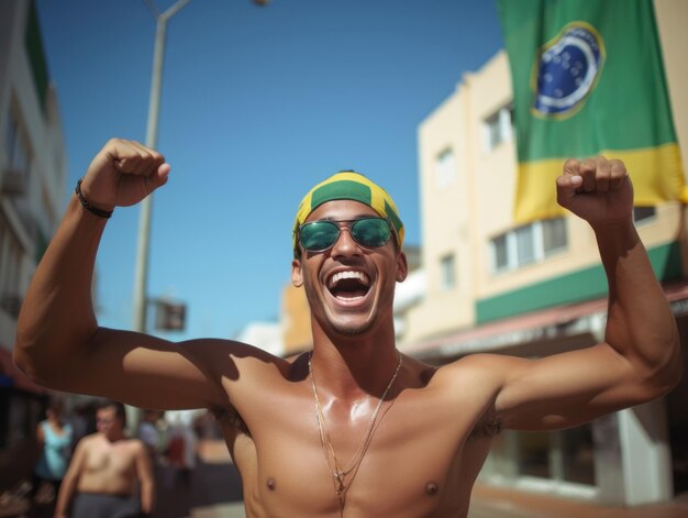 Brazilian man celebrates his soccer teams victory