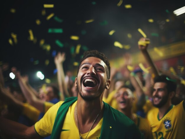Foto un brasiliano celebra la vittoria della sua squadra di calcio