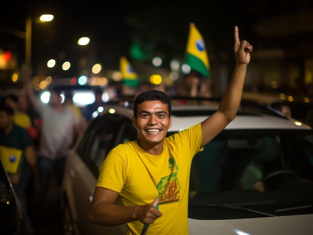 Foto un brasiliano celebra la vittoria della sua squadra di calcio