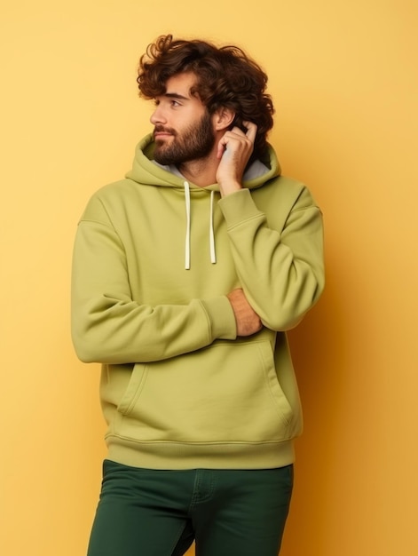 Brazilian man is sad on a minimalist neutral background