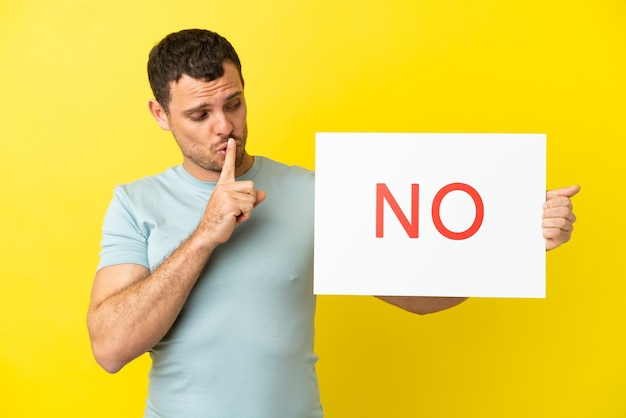 Brazilian man over isolated purple background holding a placard with text NO doing silence gesture