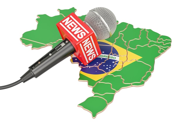 Brazilian News concept microphone news on the map of Brazil 3D rendering