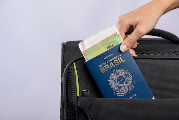 Brazilian passport being placed in the suitcase