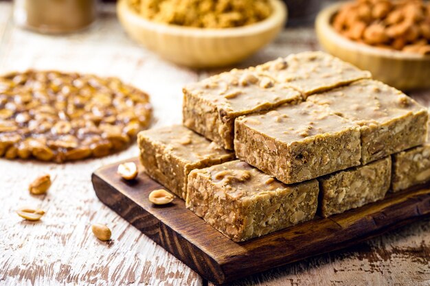 Brazilian peanut sweet, called "pÃÂ© de moleque", a typical sweet of Brazilian cuisine, made from a mixture of roasted peanuts with brown sugar