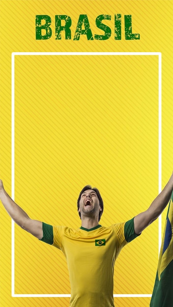 Photo brazilian player man celebrating on a yellow background