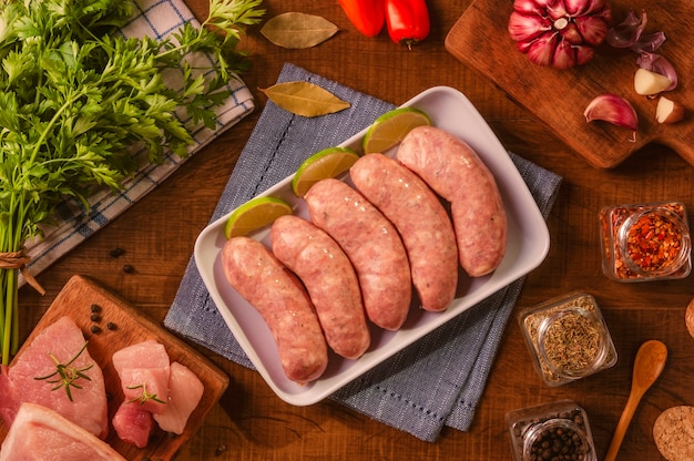 Brazilian pork leg sausage on white plate with spices and ingredients