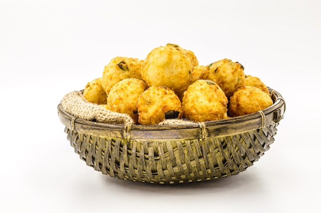 Brazilian potato dumpling, vegetarian potato dumpling, isolated white surface