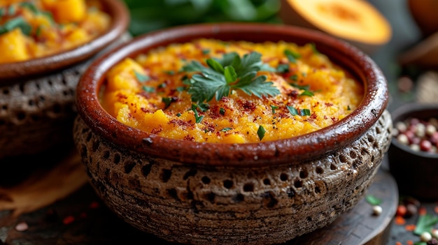 Brazilian Quibebe pumpkin puree in a traditional earthenware dish