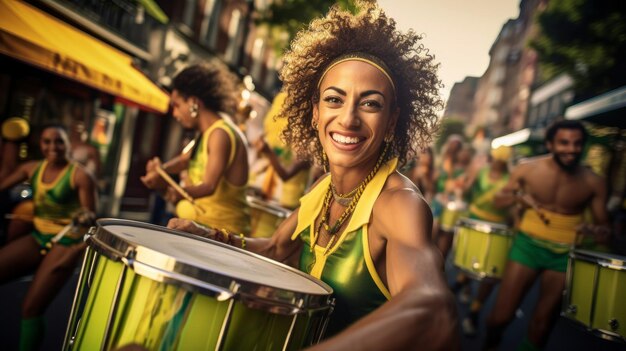 Brazilian samba percussionist vibrant carnival rhythm street parade color