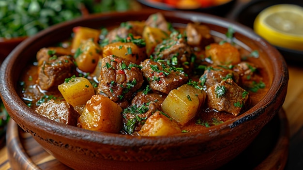 Photo brazilian sarapatel spicy pork stew in a terracotta dish