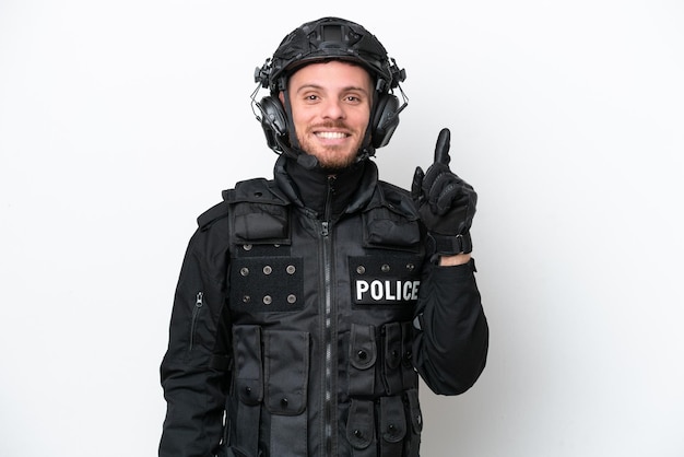 Brazilian soldier man isolated on white background pointing with the index finger a great idea