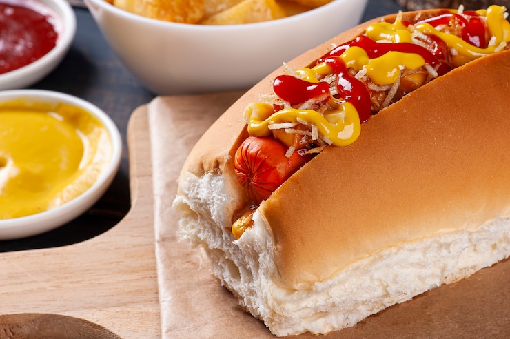 Photo マスタード、ケチャップ、ポテトストローを添えたブラジル風ホットドッグ。