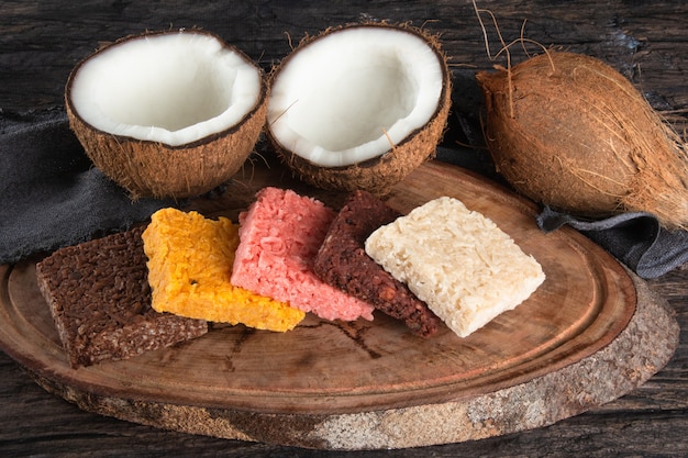 Brazilian sweet coconut candy on rustic wood