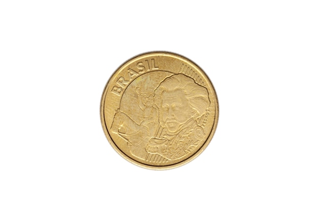 Brazilian ten real cents coin on white background