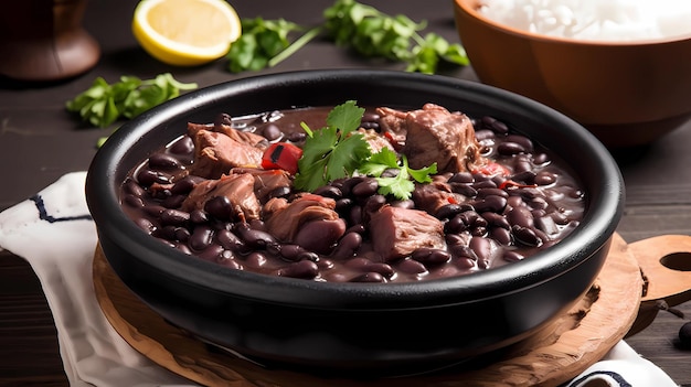 Brazilian traditional feijoada with black beans pork rice cassava and orange top view over wooden table generative ai