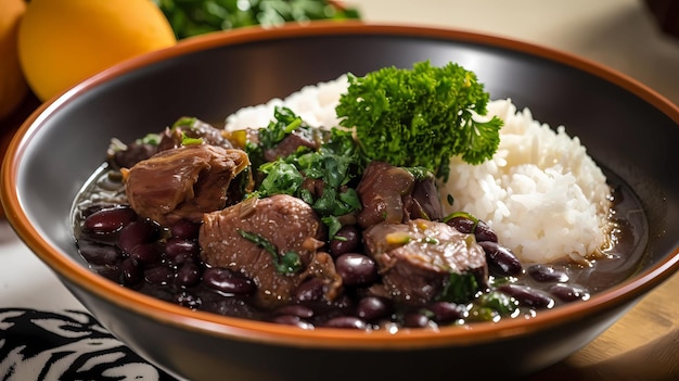 Brazilian traditional feijoada with black beans pork rice cassava and orange top view over wooden table generative ai