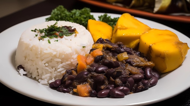 Brazilian traditional feijoada with black beans pork rice cassava and orange top view over wooden table generative ai