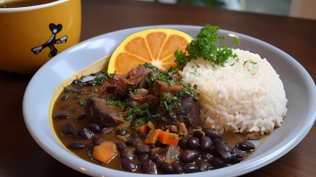 Brazilian traditional feijoada with black beans pork rice cassava and orange top view over wooden table generative ai