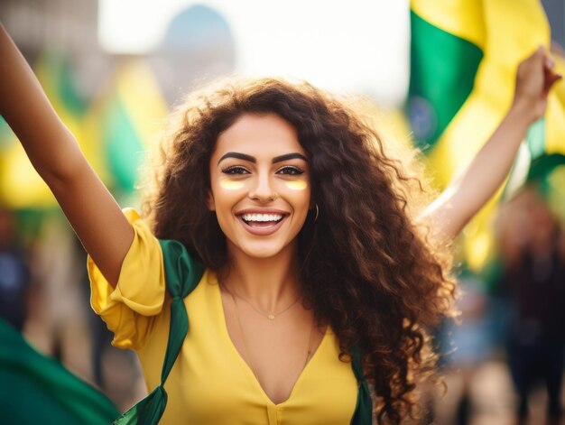 Foto una donna brasiliana celebra la vittoria della sua squadra di calcio