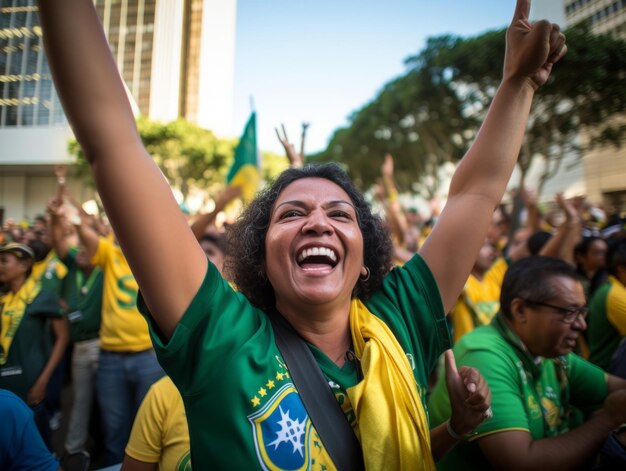 写真 ブラジルの女性がサッカーチームの勝利を祝う