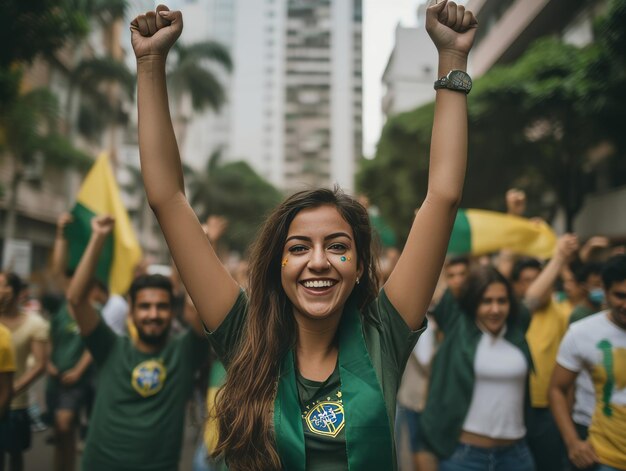 Foto una donna brasiliana celebra la vittoria della sua squadra di calcio