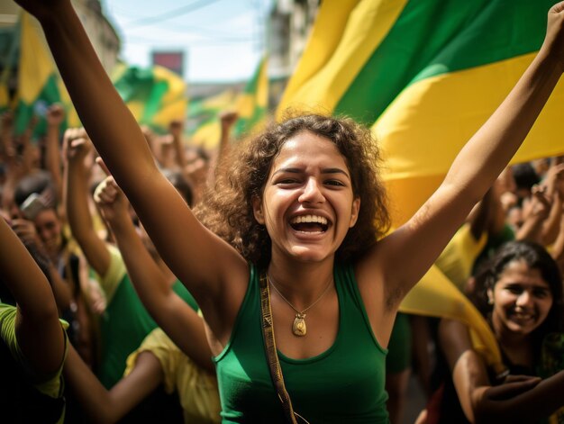 写真 ブラジルの女性がサッカーチームの勝利を祝う