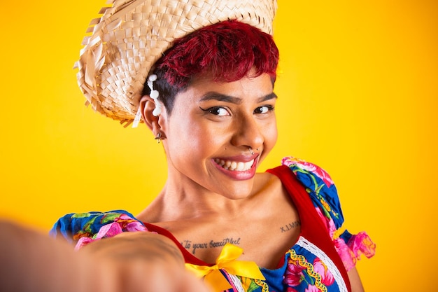 Brazilian woman with festa junina clothes arraial feast of saint john closeup expressions