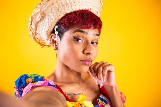 Brazilian woman with festa junina clothes Arraial Feast of Saint John closeup expressions