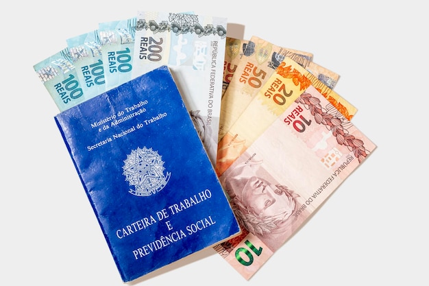 Brazilian work card with brazilian money economy and labor market on a white background