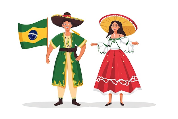 Бразильцы в национальной одежде с флагом Мужчина и женщина в традиционном костюме Путешествие в Бразилию Люди Векторная плоская иллюстрация