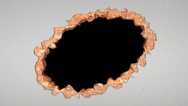 Breach in a brick wall covered with plaster in the shape of an ellipse, 3d illustration