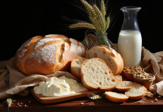 Bread_and_dairy_products_with_ears_of_wheat_top_view