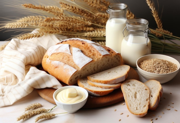 パンと乳製品と小麦の耳のトップビュー