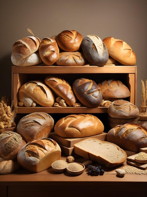 Bread Assortment Array of Loaves Surrounding a Wooden Box