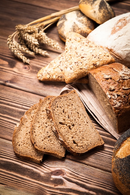 Bread assortment on wooden surface