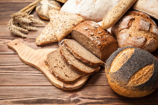 Bread assortment on wooden surface