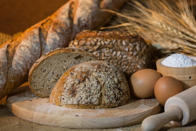 Bread bakery organic on wooden dish, food concept