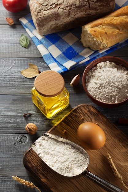 Bread and bakery products on wood surface