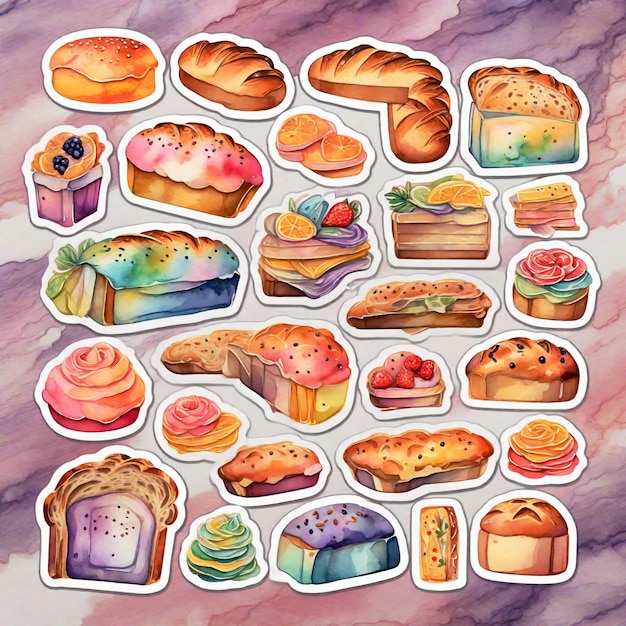 Bread and bakes pastry food stickers watercolor style illustration generated by AI