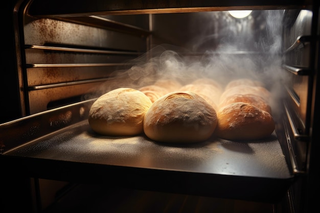 Foto cottura del pane in forno caldo con vapore che sale dalla crosta creata con l'ai generativa