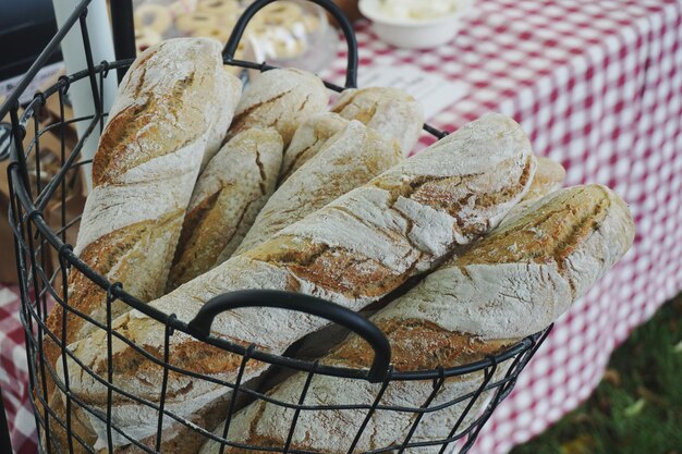 Bread in basket by table on field