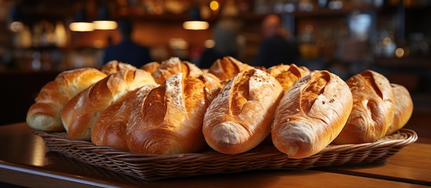 Bread in basket on wooden table in coffee shop closeup