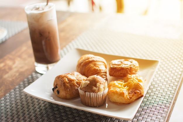 Bread breakfast on table  with  Ice chocolate