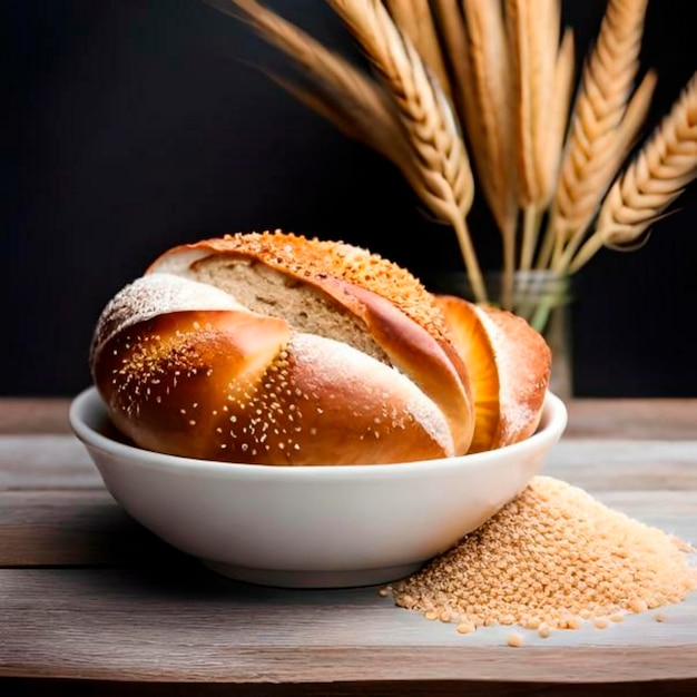 bread covered with sesame next to wheat seeds on a wooden table with bread background