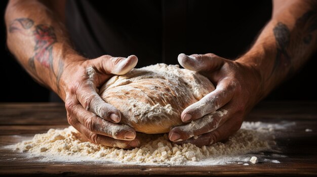 A bread dough being kneaded and haped on a wooden UHD wallpaper Stock Photographic Image