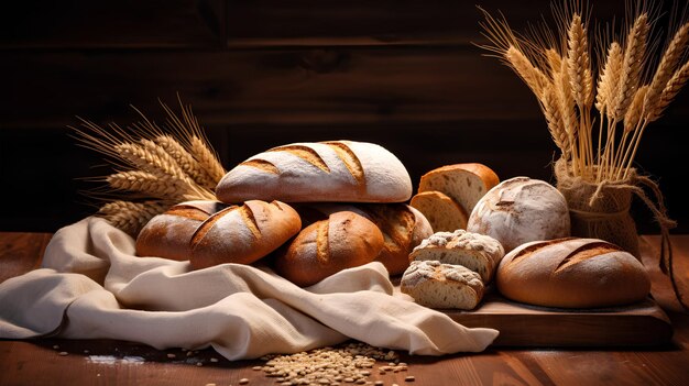 Bread flat lay on wood table with wheat