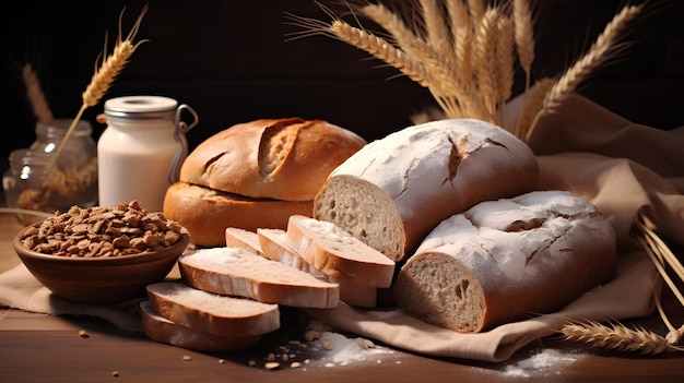 パンは小麦と一緒に木のテーブルに平らに横たわっていた