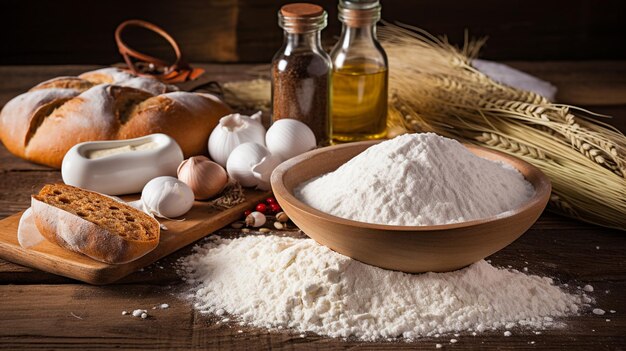 bread flour milk on a old table with a wooden background